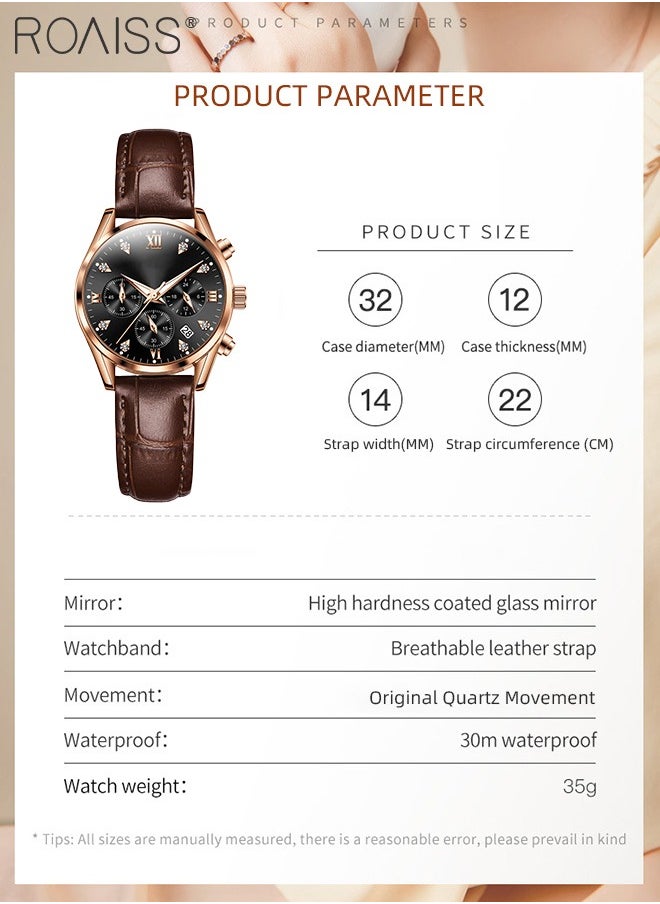 Women's Leather Strap Chronograph Quartz Watch Round Dial with Date Display Waterproof Luxurious Luminous Wristwatch as Gift for Ladies