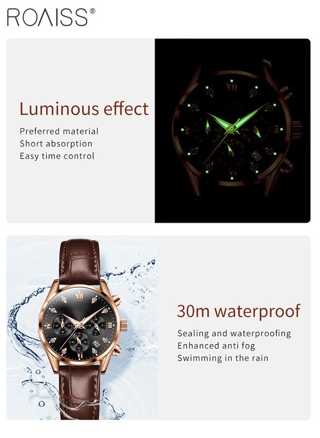 Women's Leather Strap Chronograph Quartz Watch Round Dial with Date Display Waterproof Luxurious Luminous Wristwatch as Gift for Ladies