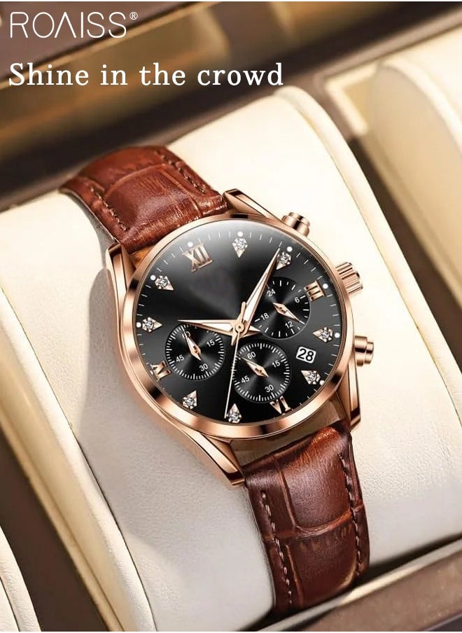 Women's Leather Strap Chronograph Quartz Watch Round Dial with Date Display Waterproof Luxurious Luminous Wristwatch as Gift for Ladies