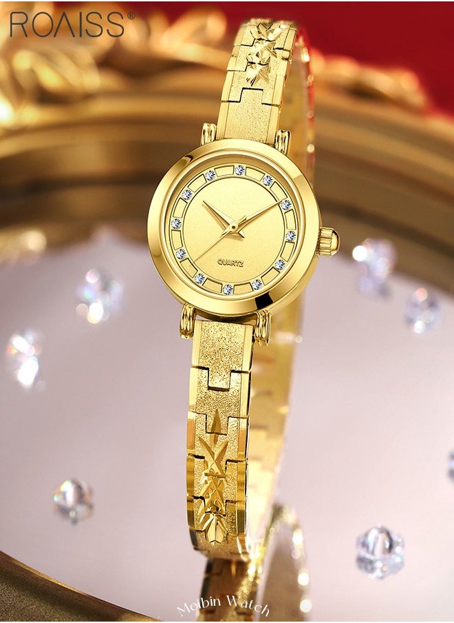Women's Classic Small Round Watch, Analog Display Gold Dial with Rhinestone Decoration, Light Luxury Simple Waterproof Wristwatch, as Gift for Ladies