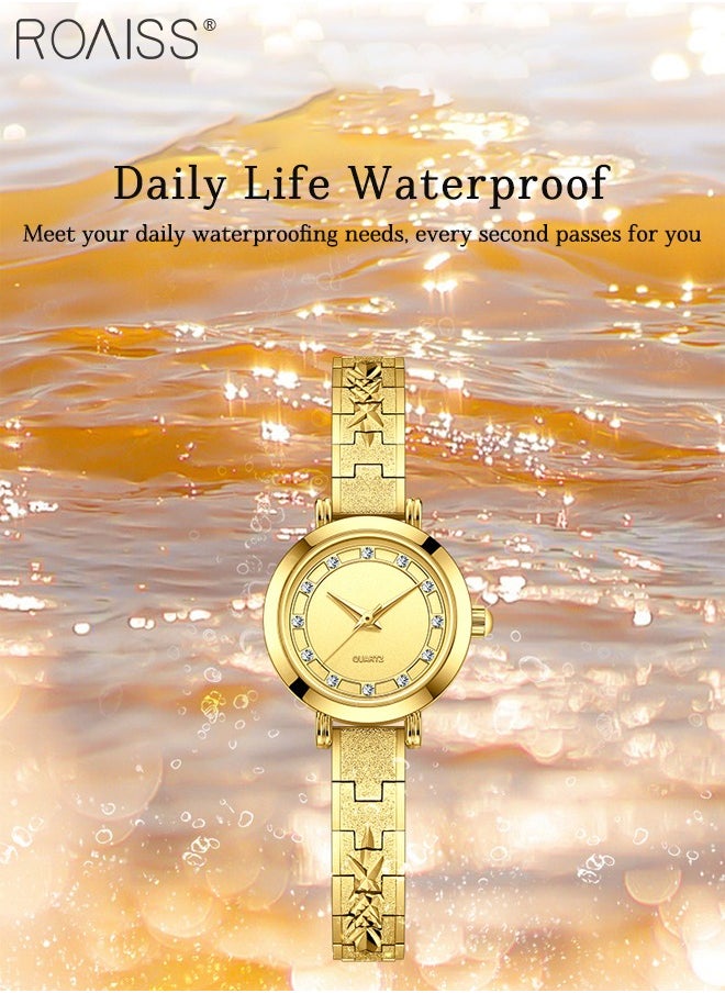 Women's Classic Small Round Watch, Analog Display Gold Dial with Rhinestone Decoration, Light Luxury Simple Waterproof Wristwatch, as Gift for Ladies