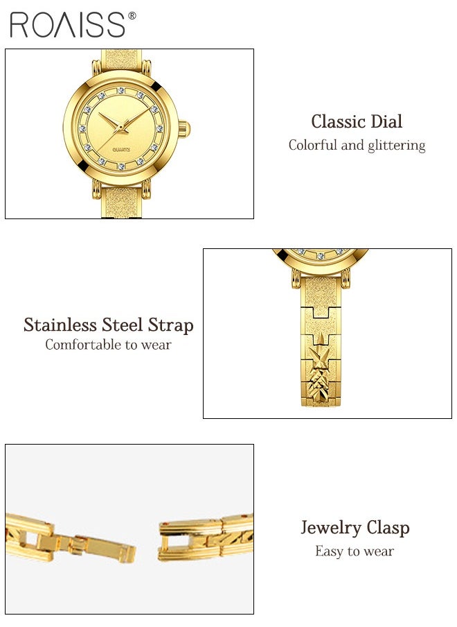 Women's Classic Small Round Watch, Analog Display Gold Dial with Rhinestone Decoration, Light Luxury Simple Waterproof Wristwatch, as Gift for Ladies