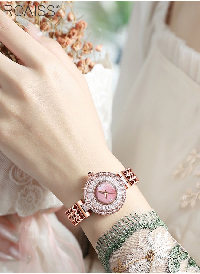 Women's Stainless Steel Hollow Bracelet Watch, Rose Gold Luxury Zircon Wristwatch with Mother-of-Pearl Dial, Fashionable Waterproof Analog Quartz Watches, as Gift for Women