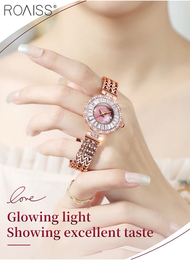 Women's Stainless Steel Hollow Bracelet Watch, Rose Gold Luxury Zircon Wristwatch with Mother-of-Pearl Dial, Fashionable Waterproof Analog Quartz Watches, as Gift for Women
