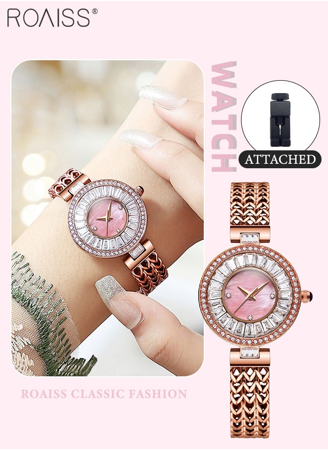Women's Stainless Steel Hollow Bracelet Watch, Rose Gold Luxury Zircon Wristwatch with Mother-of-Pearl Dial, Fashionable Waterproof Analog Quartz Watches, as Gift for Women