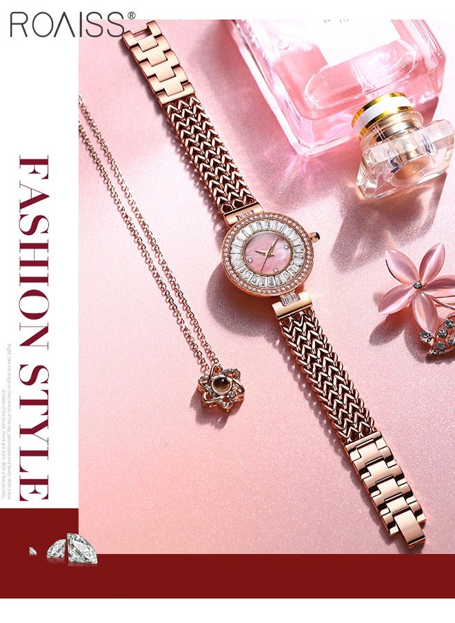 Women's Stainless Steel Hollow Bracelet Watch, Rose Gold Luxury Zircon Wristwatch with Mother-of-Pearl Dial, Fashionable Waterproof Analog Quartz Watches, as Gift for Women