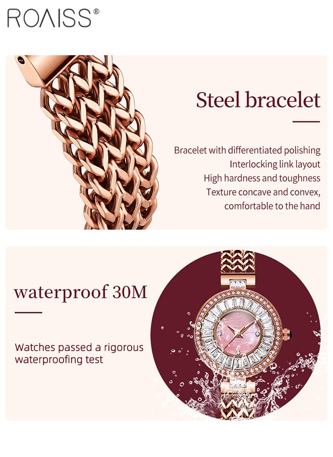 Women's Stainless Steel Hollow Bracelet Watch, Rose Gold Luxury Zircon Wristwatch with Mother-of-Pearl Dial, Fashionable Waterproof Analog Quartz Watches, as Gift for Women