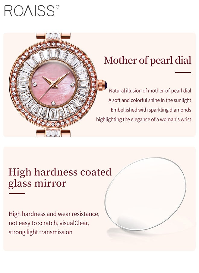 Women's Stainless Steel Hollow Bracelet Watch, Rose Gold Luxury Zircon Wristwatch with Mother-of-Pearl Dial, Fashionable Waterproof Analog Quartz Watches, as Gift for Women