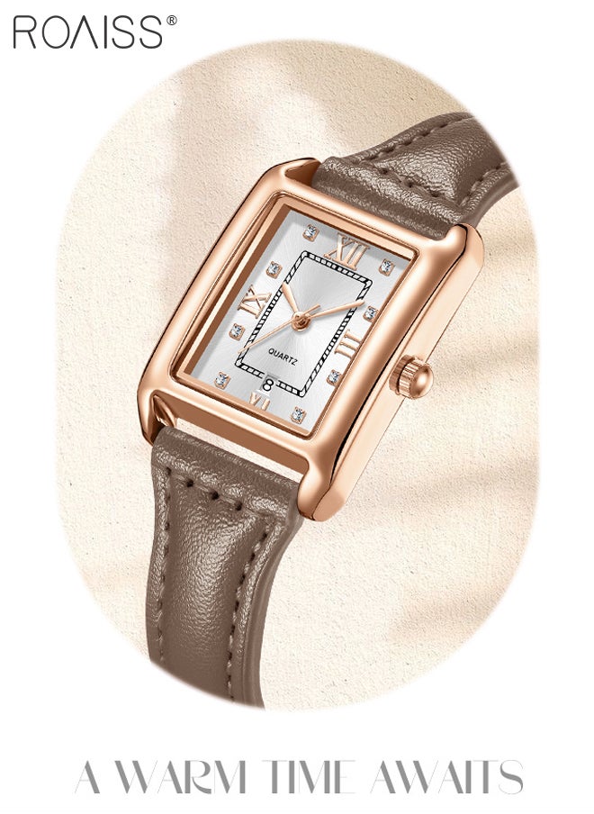 Vintage Leather Quartz Watch for Women, Analog Display Rectangular Dial with Date Window, Waterproof Luxury Business Wristwatch, as Gift for Ladies