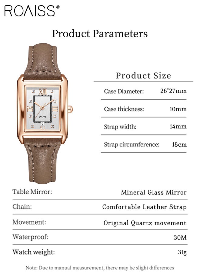 Vintage Leather Quartz Watch for Women, Analog Display Rectangular Dial with Date Window, Waterproof Luxury Business Wristwatch, as Gift for Ladies