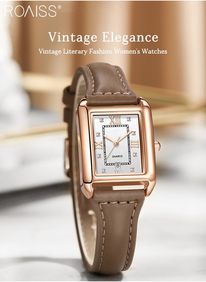 Vintage Leather Quartz Watch for Women, Analog Display Rectangular Dial with Date Window, Waterproof Luxury Business Wristwatch, as Gift for Ladies
