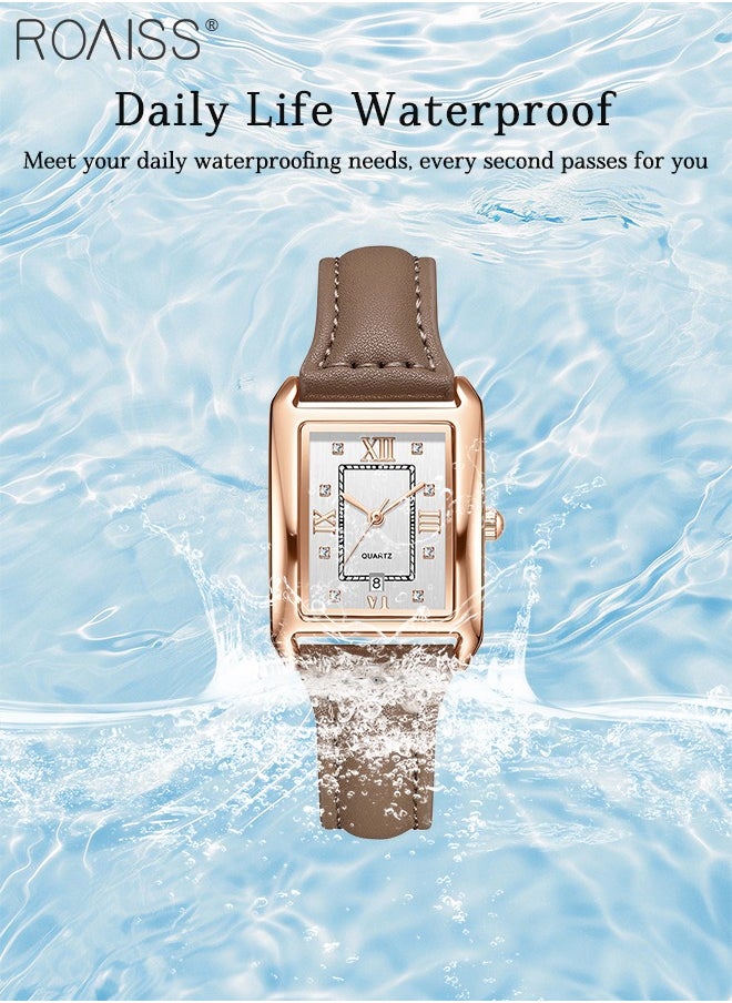 Vintage Leather Quartz Watch for Women, Analog Display Rectangular Dial with Date Window, Waterproof Luxury Business Wristwatch, as Gift for Ladies