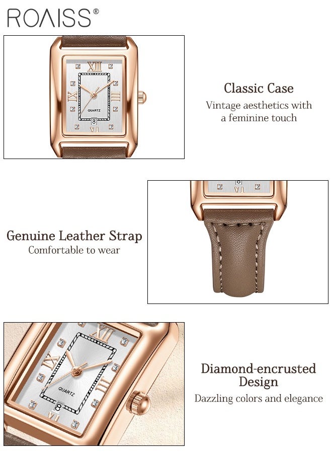 Vintage Leather Quartz Watch for Women, Analog Display Rectangular Dial with Date Window, Waterproof Luxury Business Wristwatch, as Gift for Ladies
