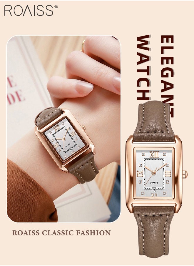 Vintage Leather Quartz Watch for Women, Analog Display Rectangular Dial with Date Window, Waterproof Luxury Business Wristwatch, as Gift for Ladies
