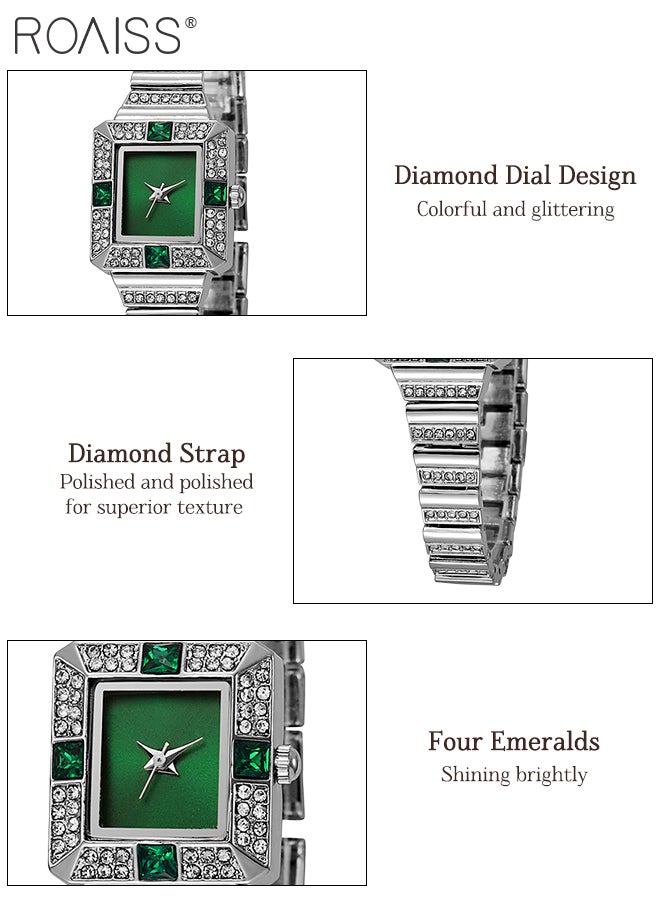 Women's Luxury Business Watch Full Crystal Bamboo Style Alloy Strap Retro Quartz Wristwatch Band Green Dial as Gift for Ladies