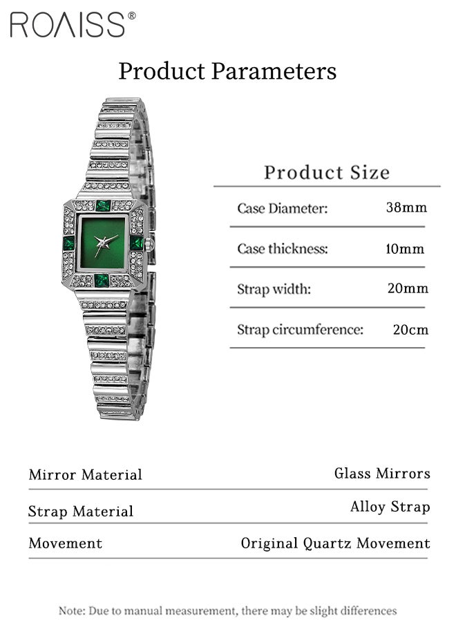 Women's Luxury Business Watch Full Crystal Bamboo Style Alloy Strap Retro Quartz Wristwatch Band Green Dial as Gift for Ladies