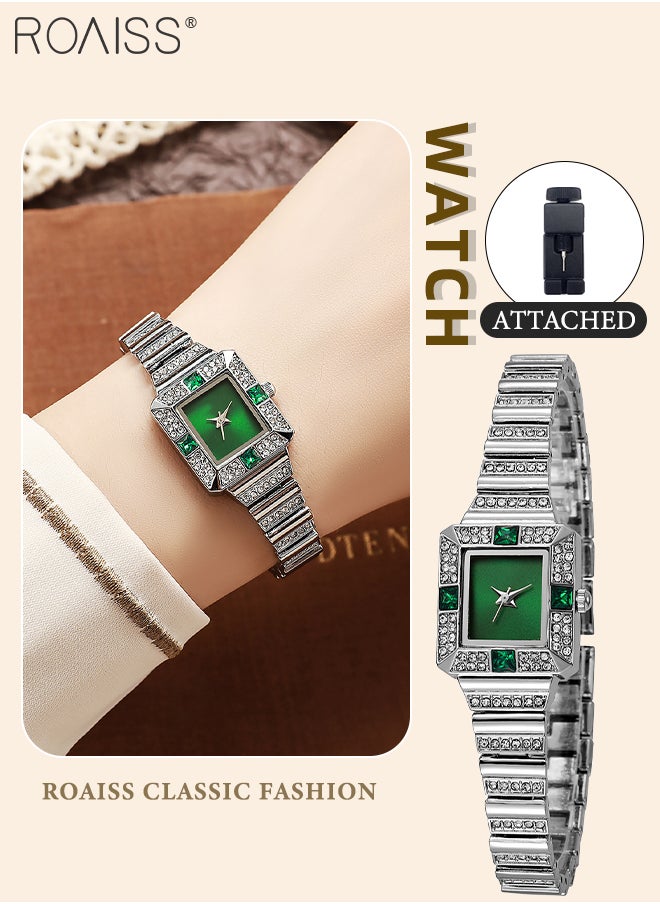 Women's Luxury Business Watch Full Crystal Bamboo Style Alloy Strap Retro Quartz Wristwatch Band Green Dial as Gift for Ladies