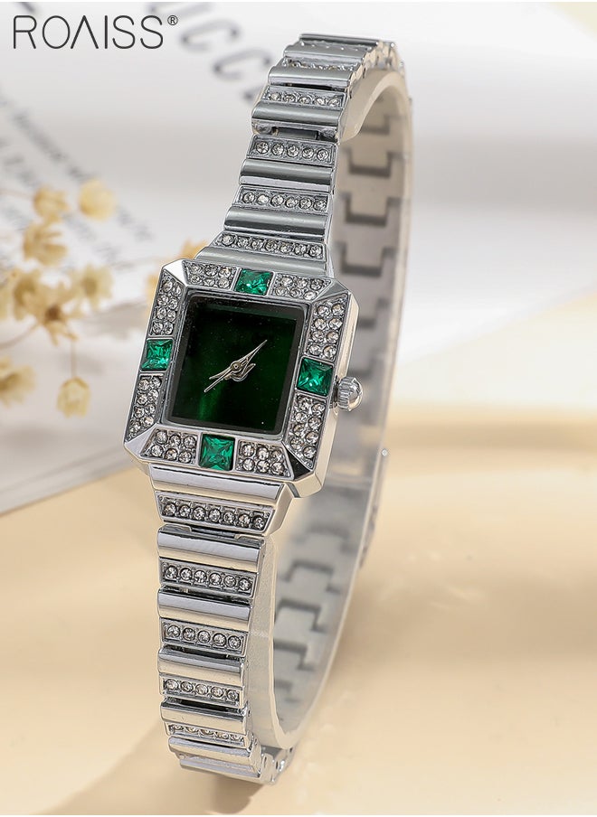 Women's Luxury Business Watch Full Crystal Bamboo Style Alloy Strap Retro Quartz Wristwatch Band Green Dial as Gift for Ladies