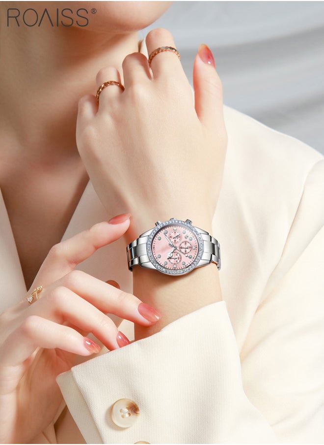 Luxury Chronograph Watch for Women, Stylish Casual Multifunctional Wristwatch, Pink Round Dial with Date, Luminous Waterproof Stainless Steel Watch, as Gift for Ladies