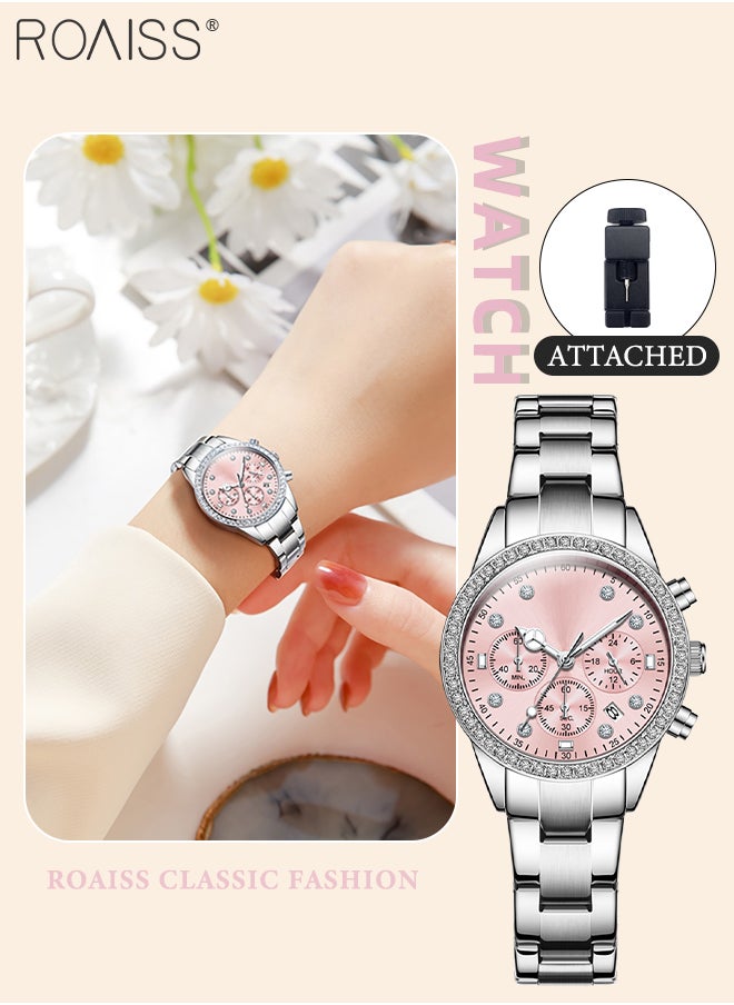 Luxury Chronograph Watch for Women, Stylish Casual Multifunctional Wristwatch, Pink Round Dial with Date, Luminous Waterproof Stainless Steel Watch, as Gift for Ladies