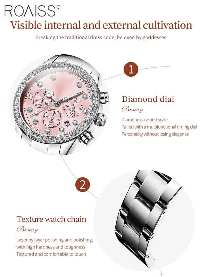 Luxury Chronograph Watch for Women, Stylish Casual Multifunctional Wristwatch, Pink Round Dial with Date, Luminous Waterproof Stainless Steel Watch, as Gift for Ladies