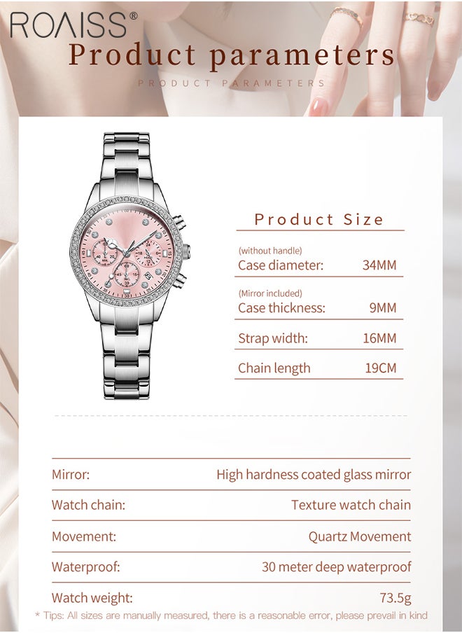 Luxury Chronograph Watch for Women, Stylish Casual Multifunctional Wristwatch, Pink Round Dial with Date, Luminous Waterproof Stainless Steel Watch, as Gift for Ladies