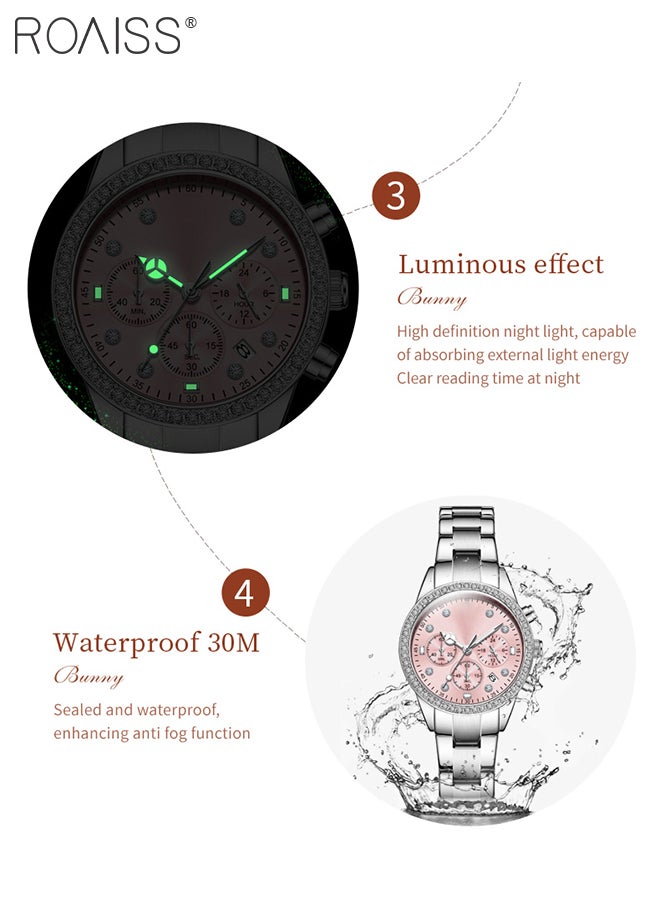 Luxury Chronograph Watch for Women, Stylish Casual Multifunctional Wristwatch, Pink Round Dial with Date, Luminous Waterproof Stainless Steel Watch, as Gift for Ladies