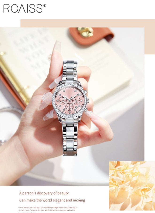 Luxury Chronograph Watch for Women, Stylish Casual Multifunctional Wristwatch, Pink Round Dial with Date, Luminous Waterproof Stainless Steel Watch, as Gift for Ladies