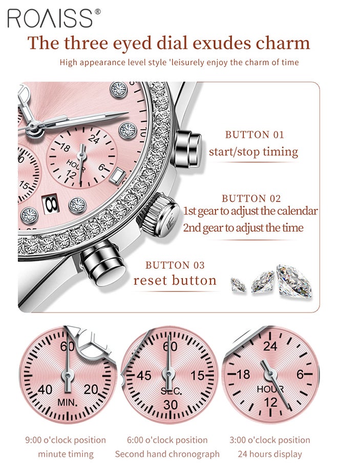 Luxury Chronograph Watch for Women, Stylish Casual Multifunctional Wristwatch, Pink Round Dial with Date, Luminous Waterproof Stainless Steel Watch, as Gift for Ladies
