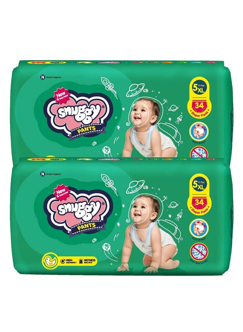 Snuggy High Absorbency Wetness Indicator Pant Style Diapers Size 5 Pack of 2 - 34 Pieces Each