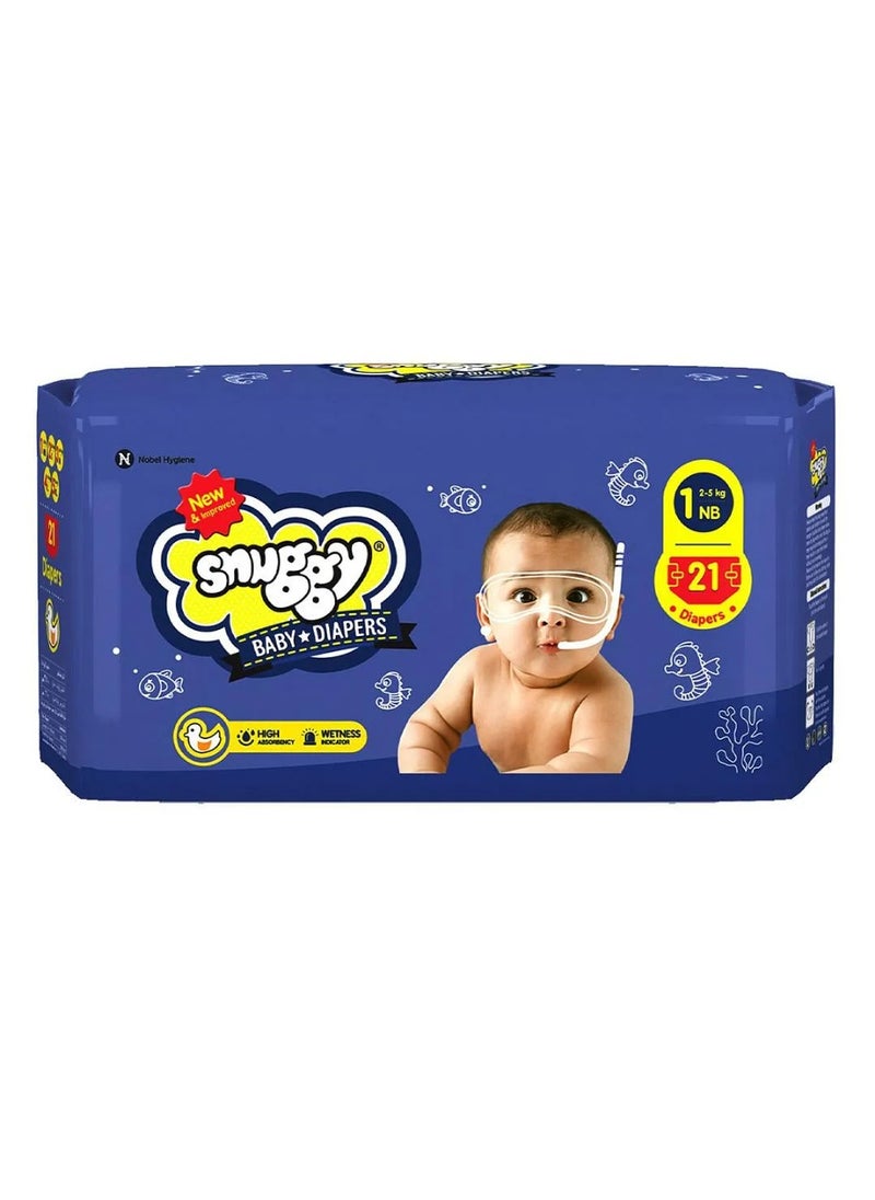 Snuggy High Absorbency Wetness Indicator Baby Diaper Size 1 - 21 Pieces