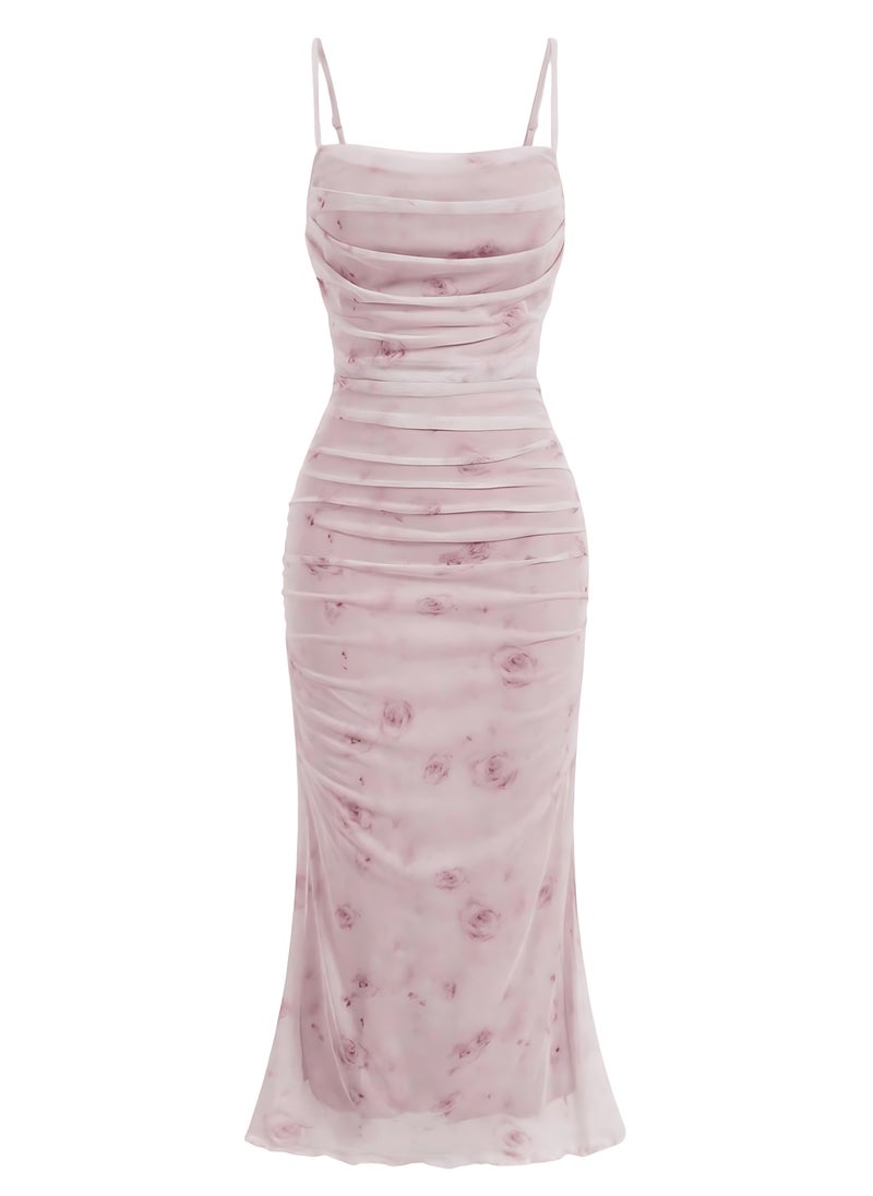 Women's Floral Ruched Fishtail Dress Mesh Bodycon Vintage Cocktail Midi Cami Dress