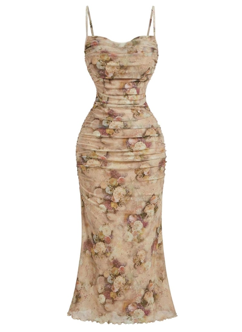 Women's Floral Ruched Fishtail Dress Mesh Bodycon Vintage Cocktail Midi Cami Dress