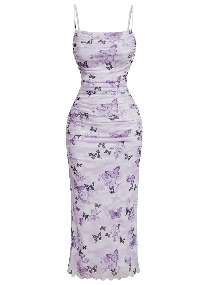 Women's Floral Ruched Fishtail Dress Mesh Bodycon Vintage Cocktail Midi Cami Dress