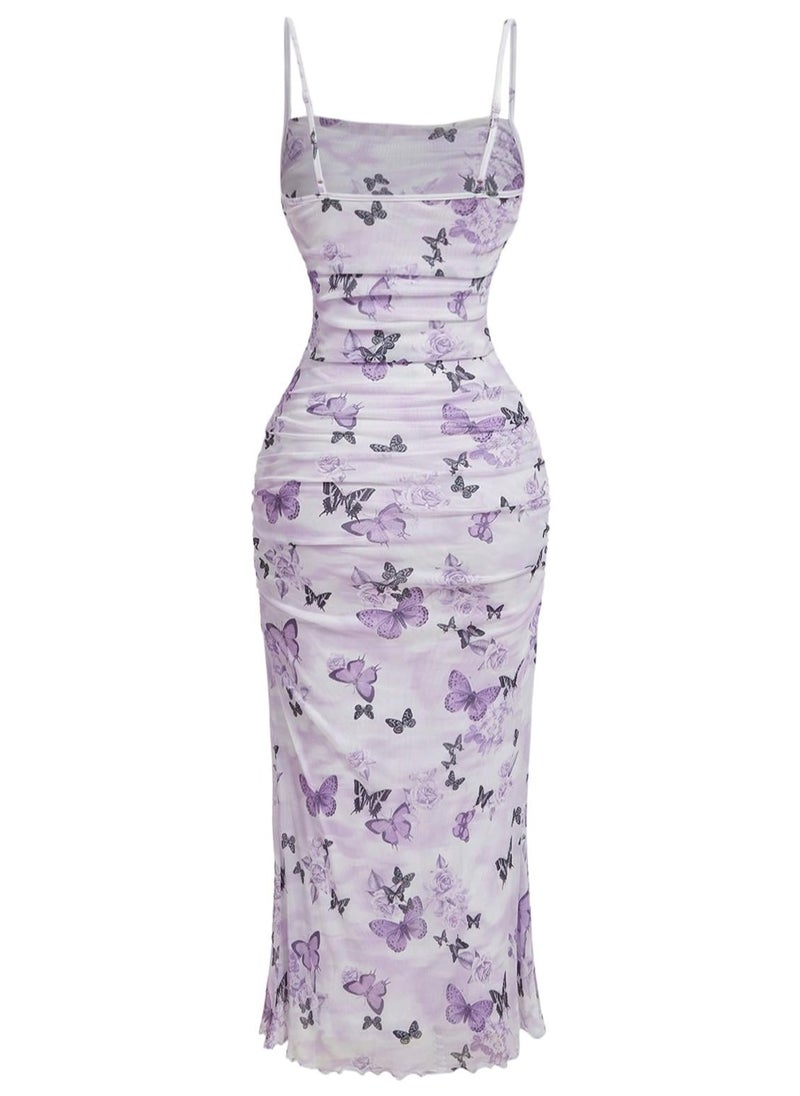 Women's Floral Ruched Fishtail Dress Mesh Bodycon Vintage Cocktail Midi Cami Dress
