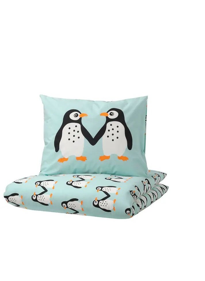 Duvet cover and pillowcase, penguin pattern/light turquoise, 150x200/50x80 cm