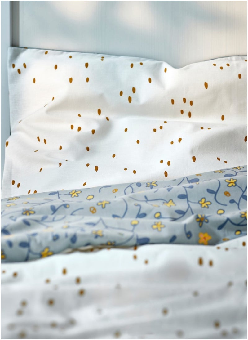 Duvet Cover & Pillowcase for Cot, Blue/White Floral Pattern, 110x125/35x55 cm
