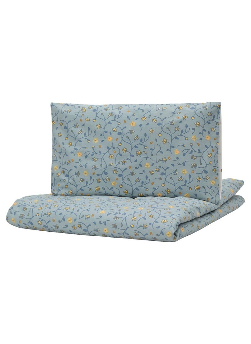 Duvet Cover & Pillowcase for Cot, Blue/White Floral Pattern, 110x125/35x55 cm