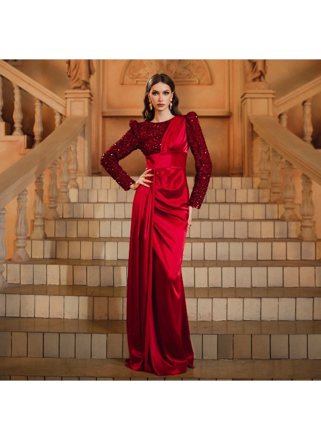 Burgundy Long Sleeve Round Neck Mermaid Sequin Evening Dress