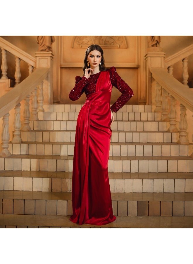 Burgundy Long Sleeve Round Neck Mermaid Sequin Evening Dress