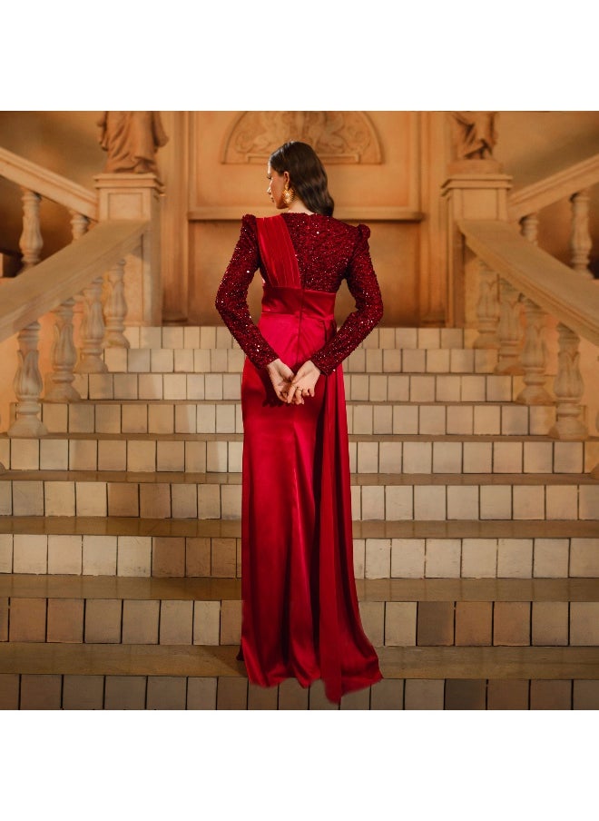 Burgundy Long Sleeve Round Neck Mermaid Sequin Evening Dress