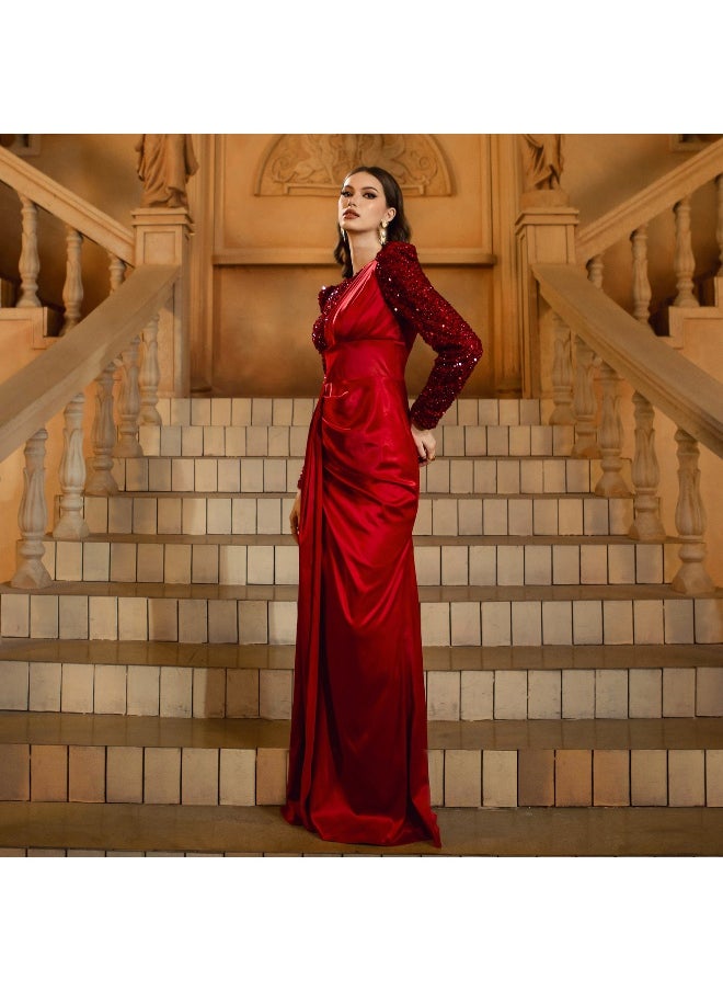 Burgundy Long Sleeve Round Neck Mermaid Sequin Evening Dress