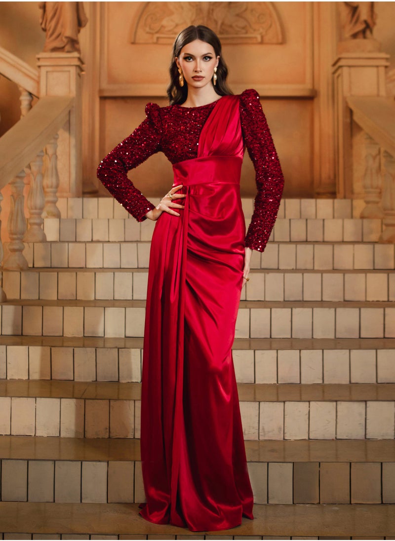 Burgundy Long Sleeve Round Neck Mermaid Sequin Evening Dress