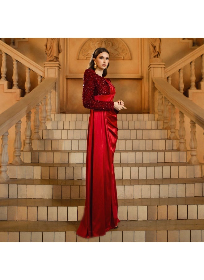 Burgundy Long Sleeve Round Neck Mermaid Sequin Evening Dress