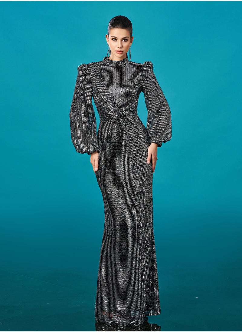 New Luxurious Long Sleeve Round Neck Sequin Mermaid Evening Gown Dress