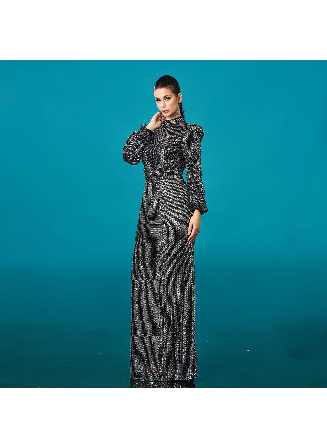 New Luxurious Long Sleeve Round Neck Sequin Mermaid Evening Gown Dress