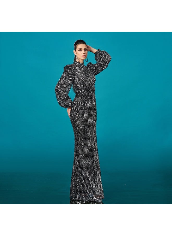 New Luxurious Long Sleeve Round Neck Sequin Mermaid Evening Gown Dress