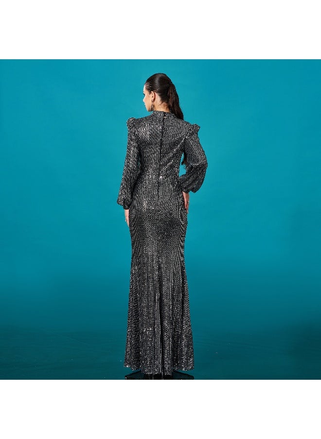New Luxurious Long Sleeve Round Neck Sequin Mermaid Evening Gown Dress