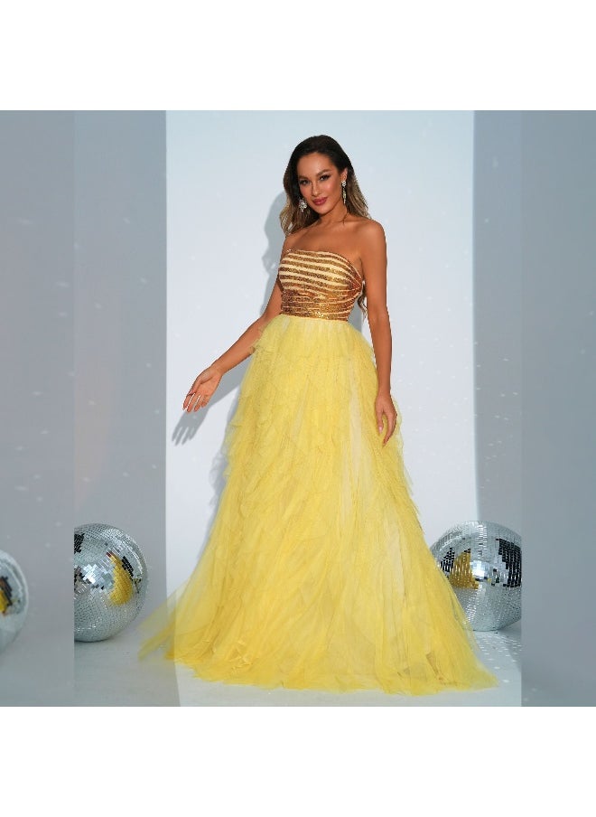 New Women's Yellow High-End Sleeveless Sequin Wrap Dress with Flared Skirt for Evening Parties