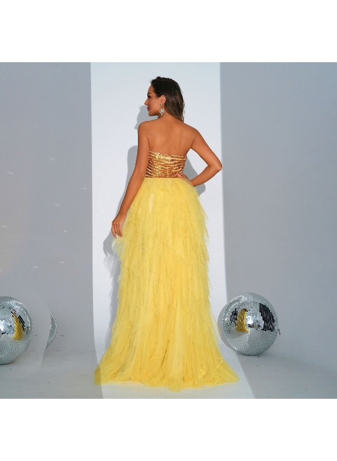 New Women's Yellow High-End Sleeveless Sequin Wrap Dress with Flared Skirt for Evening Parties